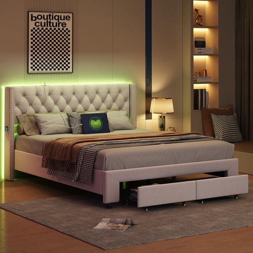 Cadre De Lit 140 X 190 Avec Tiroirs, Lit Capitonne Avec LED Et USB Lit Rembourré En Velours, Beige