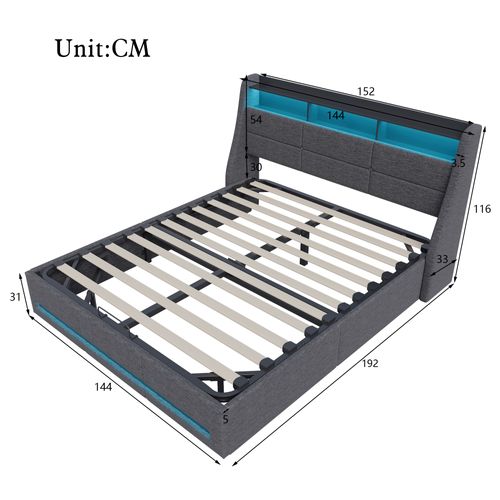 Lit 140x190 Avec Sommier LED Et USB, Et Sommier à Lattes,lit Double Avec Rangement, Lin, Gris