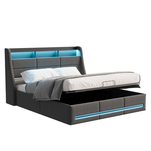 Lit 140x190 Avec Sommier LED Et USB, Et Sommier à Lattes,lit Double Avec Rangement, Lin, Gris