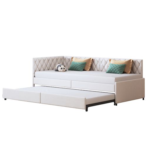 Lit Gigogne 90/180x200 Cm - Canapé-lit Extensible Avec Sommiers à Lattes En Tissu Velours - Beige