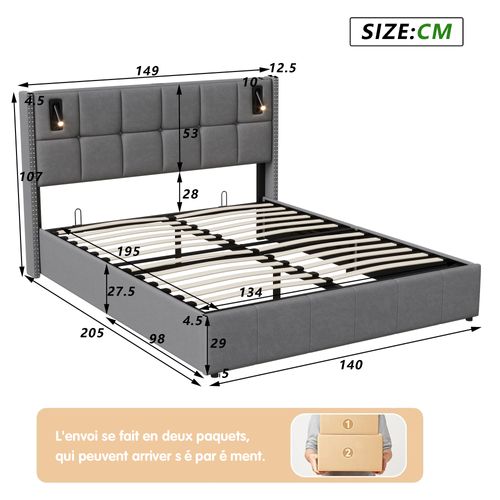 Lit Coffre 140x200 Avec Rangement, Lit Capitonné LED Avec USB Et Type-c Lit, Lit Double, Gris