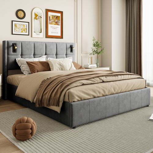 Lit Coffre 140x200 Avec Rangement, Lit Capitonné LED Avec USB Et Type-c Lit, Lit Double, Gris