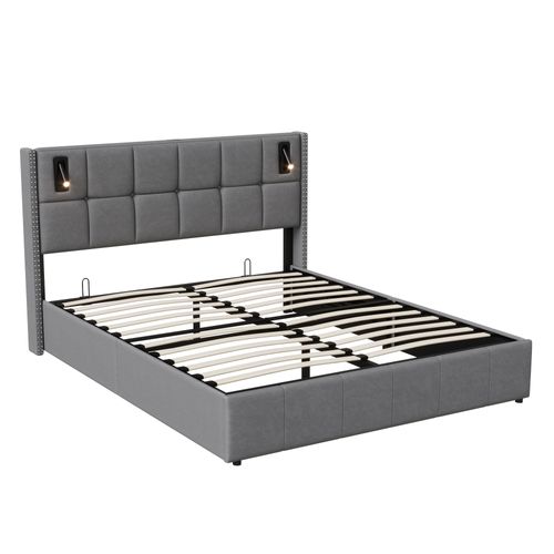 Lit Coffre 140x200 Avec Rangement, Lit Capitonné LED Avec USB Et Type-c Lit, Lit Double, Gris