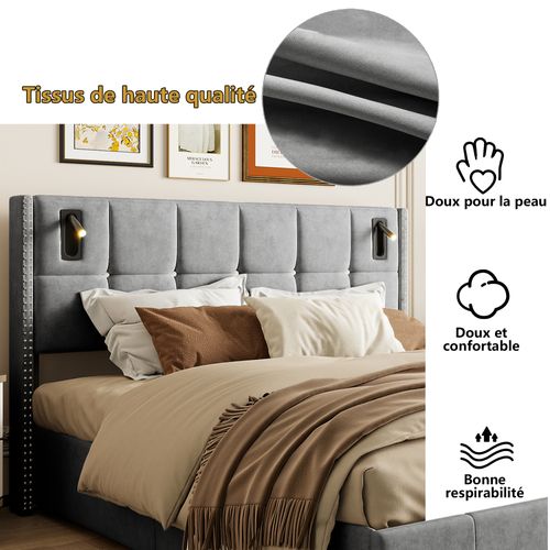 Lit Coffre 140x200 Avec Rangement, Lit Capitonné LED Avec USB Et Type-c Lit, Lit Double, Gris