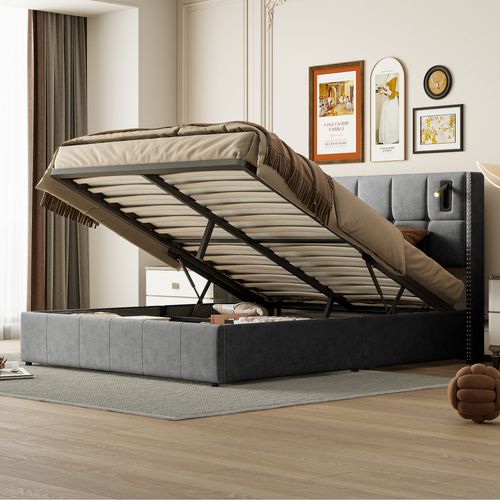 Lit Coffre 140x200 Avec Rangement, Lit Capitonné LED Avec USB Et Type-c Lit, Lit Double, Gris