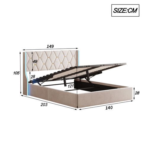 Lit Capitonné 140x190 Cm Avec LED, Lit Double Avec Rangement, Avec Sommier à Lattes, Beige