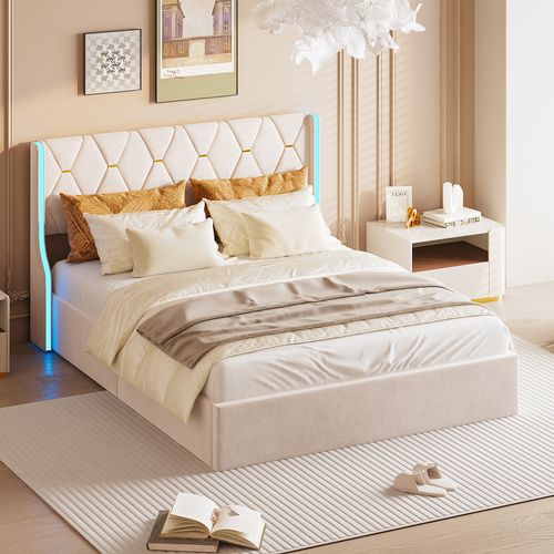 Lit Capitonné 140x190 Cm Avec LED, Lit Double Avec Rangement, Avec Sommier à Lattes, Beige