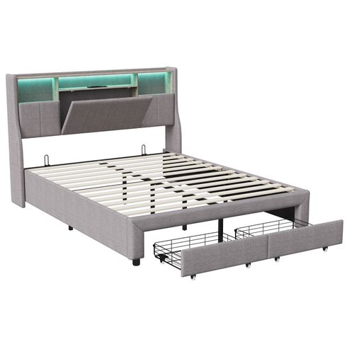 Lit Double Capitonné, 160 X 200 Cm, LED, Avec Espace De Rangement , Avec Sommier à Lattes, Gris