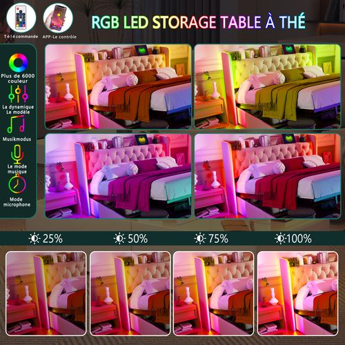 Lit Coffre 160x200 Cm Avec Sommier à Lattes,tête De Lit Avec Port USB De Type C, LED, Velours, Beige