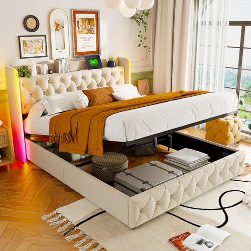 Lit Coffre 140x200 Cm Avec Sommier à Lattes,tête De Lit Avec Port USB De Type C, LED, Velours, Beige