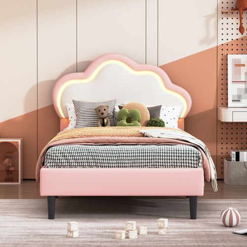 Lit Rembourré 90x200 Cm, Lit Simple Avec LED Et Tête Delit Réglable Design En Nuage, Pu, Rose