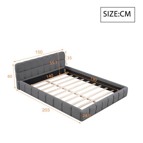 Lit Double Rembourré, à Bulles, 140 X 190 Cm, Avec Sommier à Lattes Et Dossier Souple,  Lin, Girs