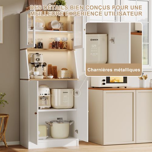 Buffet Haut, Avec Plan De Travail Et 4 Compartiments De Rangement, Avec LED, 40 X 70 X 180 Cm, Blanc