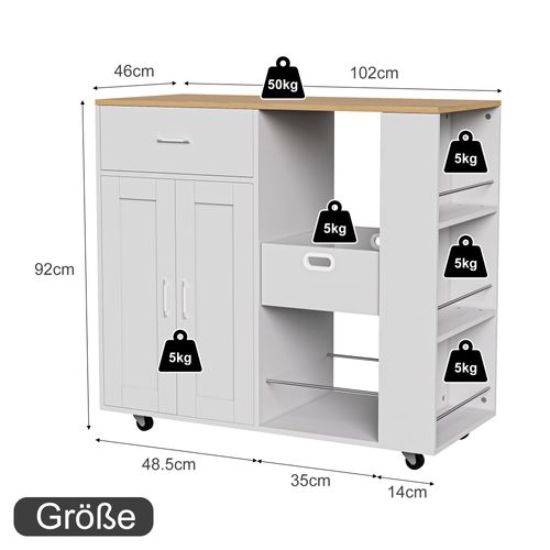 Desserte à Roulettes, Chariot Cuisine Rangement, Support à Épices 3 Niveaux, Étagère Ouverte, Blanc