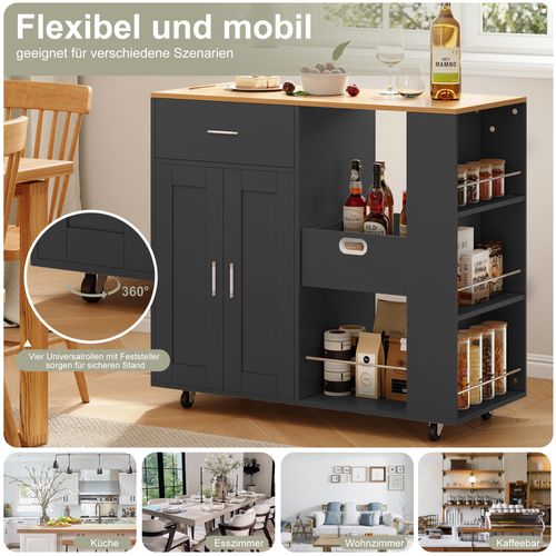 Desserte à Roulettes, Chariot Cuisine Rangement, Support à Épices 3 Niveaux, Étagère Ouverte, Noir