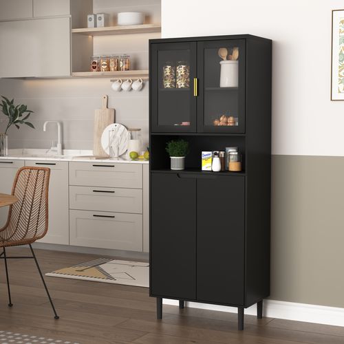 Buffet De Rangement Avec 4 Portes, 2 Étagères Réglables, Armoire Haute Avec Présentoir Ouvert, Noir