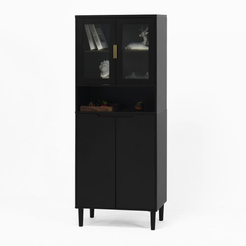 Buffet De Rangement Avec 4 Portes, 2 Étagères Réglables, Armoire Haute Avec Présentoir Ouvert, Noir