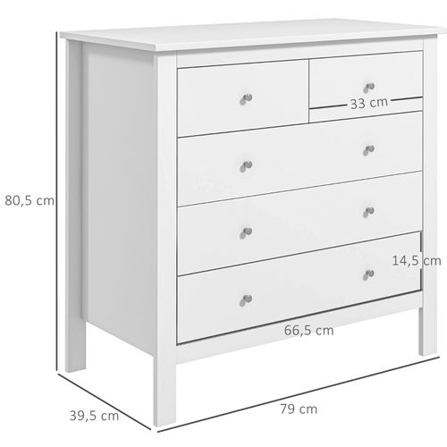 Commode Blanche à 5 Tiroirs, Meuble De Rangement Chambre En Bois Pour Bureau, Salon Ou Chambre