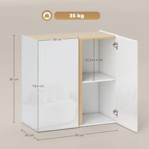 Buffet à Haute Brillance, Avec 2 Portes Et Étagère Réglable, Cuisine Et Salon, 80 X 40 X 80 Cm,blanc