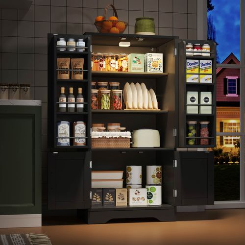 Buffet Cuisine Avec 4 Portes, 180×80×40 Cm, Avec 4 Compartiments Pour Salle à Manger, Noir