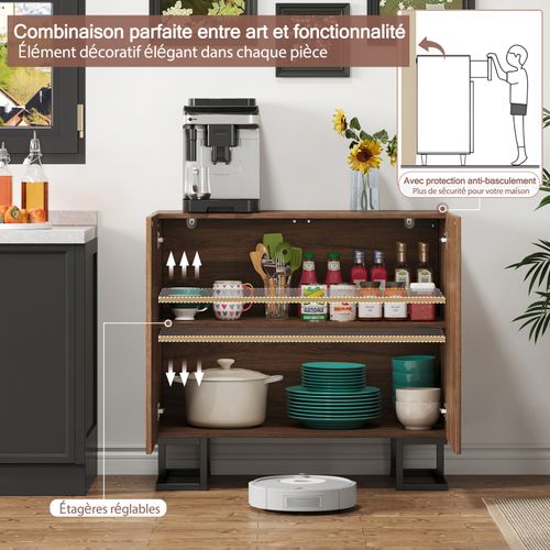 Buffet Commode 80 × 40 × 78 Cm – Aspect Noyer Foncé Avec Renflement Des Feuilles – Portes Push