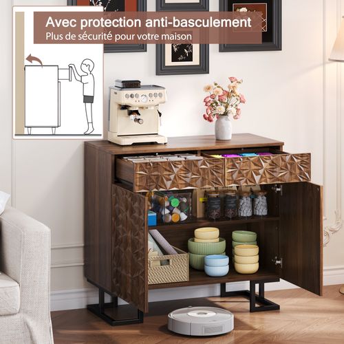 Buffet Commode En Mdf 80×40×78cm Avec 2 Portes, 2 Tiroirs Rangement - Pour Cuisine Et Salon