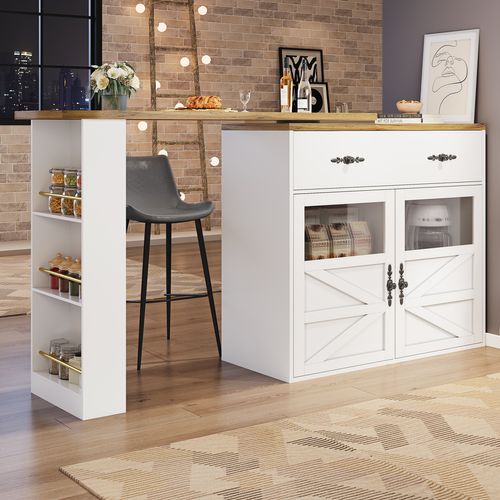 Buffet De Bar - Meuble Rangement Extensible Avec Tiroirs Et Rotation 360°, Blanc, 138-204x39x104 Cm