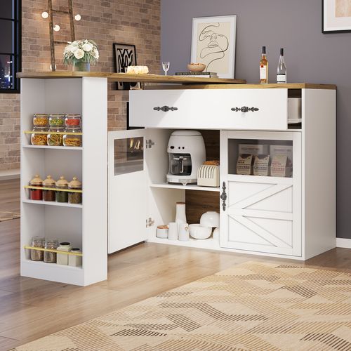 Buffet De Bar - Meuble Rangement Extensible Avec Tiroirs Et Rotation 360°, Blanc, 138-204x39x104 Cm