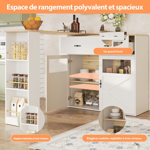 Buffet De Bar - Meuble Rangement Extensible Avec Tiroirs Et Rotation 360°, Blanc, 138-204x39x104 Cm