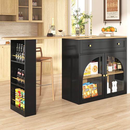 Buffet De Cuisine Extensible, Table Bar Pivotante 360° Avec Rangement, Étagères En Verre, Noir