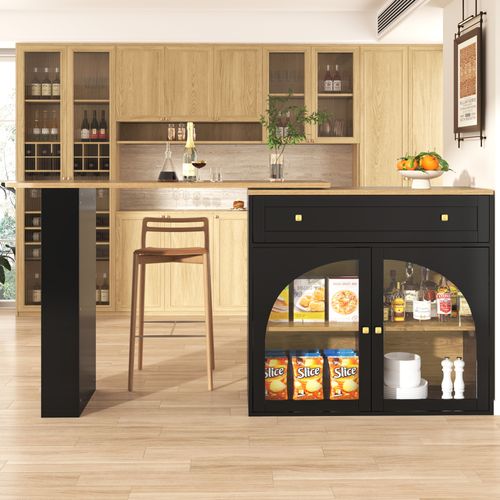 Buffet De Cuisine Extensible, Table Bar Pivotante 360° Avec Rangement, Étagères En Verre, Noir