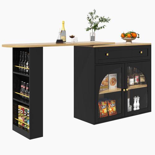 Buffet De Cuisine Extensible, Table Bar Pivotante 360° Avec Rangement, Étagères En Verre, Noir