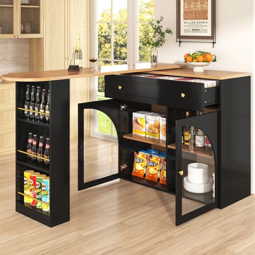 Buffet De Cuisine Extensible, Table Bar Pivotante 360° Avec Rangement, Étagères En Verre, Noir