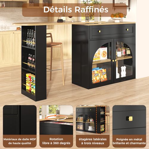 Buffet De Cuisine Extensible, Table Bar Pivotante 360° Avec Rangement, Étagères En Verre, Noir