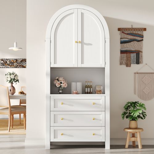 Buffet Haute De Rangement - 70 X 35 X 180 Cm - En Arc Avec 3 Tiroirs Et 2 Portes - Mdf - Blanc
