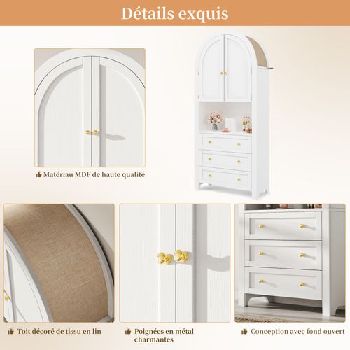 Buffet Haute De Rangement - 70 X 35 X 180 Cm - En Arc Avec 3 Tiroirs Et 2 Portes - Mdf - Blanc