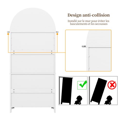 Buffet Haute De Rangement - 70 X 35 X 180 Cm - En Arc Avec 3 Tiroirs Et 2 Portes - Mdf - Blanc