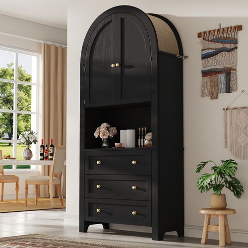 Buffet Haute De Rangement - 70 X 35 X 180 Cm - En Arc Avec 3 Tiroirs Et 2 Portes - Mdf - Noir