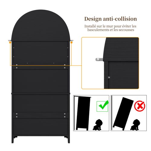 Buffet Haute De Rangement - 70 X 35 X 180 Cm - En Arc Avec 3 Tiroirs Et 2 Portes - Mdf - Noir