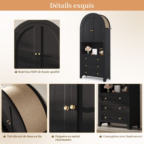 Buffet Haute De Rangement - 70 X 35 X 180 Cm - En Arc Avec 3 Tiroirs Et 2 Portes - Mdf - Noir