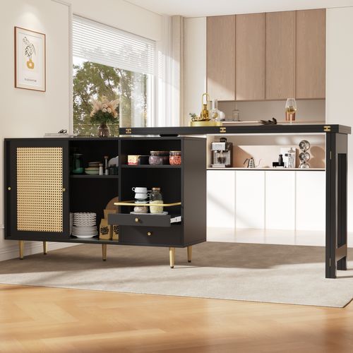 Table Haute Pivotante 360° Noire Extensible Avec Rangement Et Étagère Ouverte, Porte En Rotin