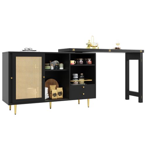 Table Haute Pivotante 360° Noire Extensible Avec Rangement Et Étagère Ouverte, Porte En Rotin