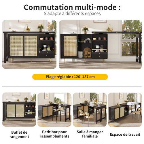 Table Haute Pivotante 360° Noire Extensible Avec Rangement Et Étagère Ouverte, Porte En Rotin