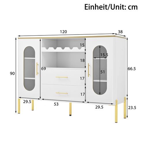 Buffet Avec Façades Vitrées - 120 X38 X 90 Cm - Avec 2 Tiroirs - Pieds Réglables - Mdf - Blanc