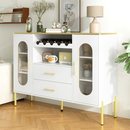 Buffet Avec Façades Vitrées - 120 X38 X 90 Cm - Avec 2 Tiroirs - Pieds Réglables - Mdf - Blanc