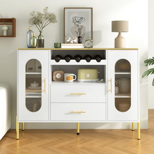 Buffet Avec Façades Vitrées - 120 X38 X 90 Cm - Avec 2 Tiroirs - Pieds Réglables - Mdf - Blanc