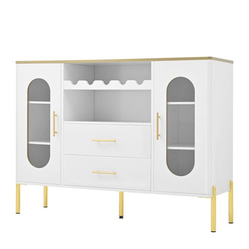 Buffet Avec Façades Vitrées - 120 X38 X 90 Cm - Avec 2 Tiroirs - Pieds Réglables - Mdf - Blanc