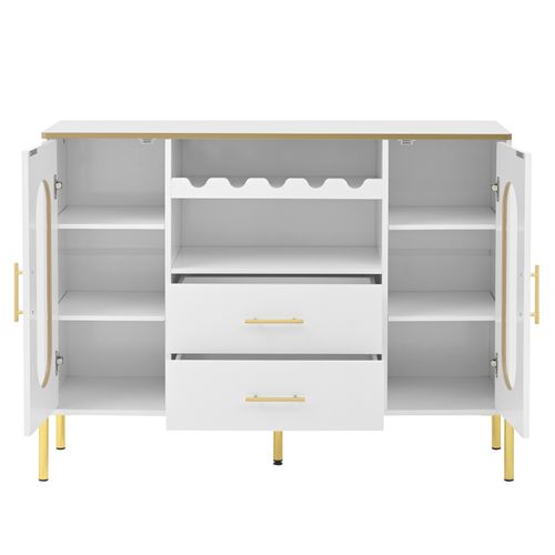 Buffet Avec Façades Vitrées - 120 X38 X 90 Cm - Avec 2 Tiroirs - Pieds Réglables - Mdf - Blanc