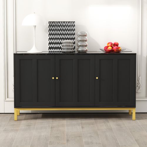 Buffet Moderne Avec 3 Portes - 140 X 40 X 80 Cm - Mdf - Pour Salon Ou Cuisine - Noir Et Doré