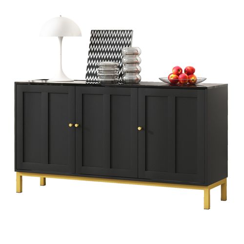 Buffet Moderne Avec 3 Portes - 140 X 40 X 80 Cm - Mdf - Pour Salon Ou Cuisine - Noir Et Doré